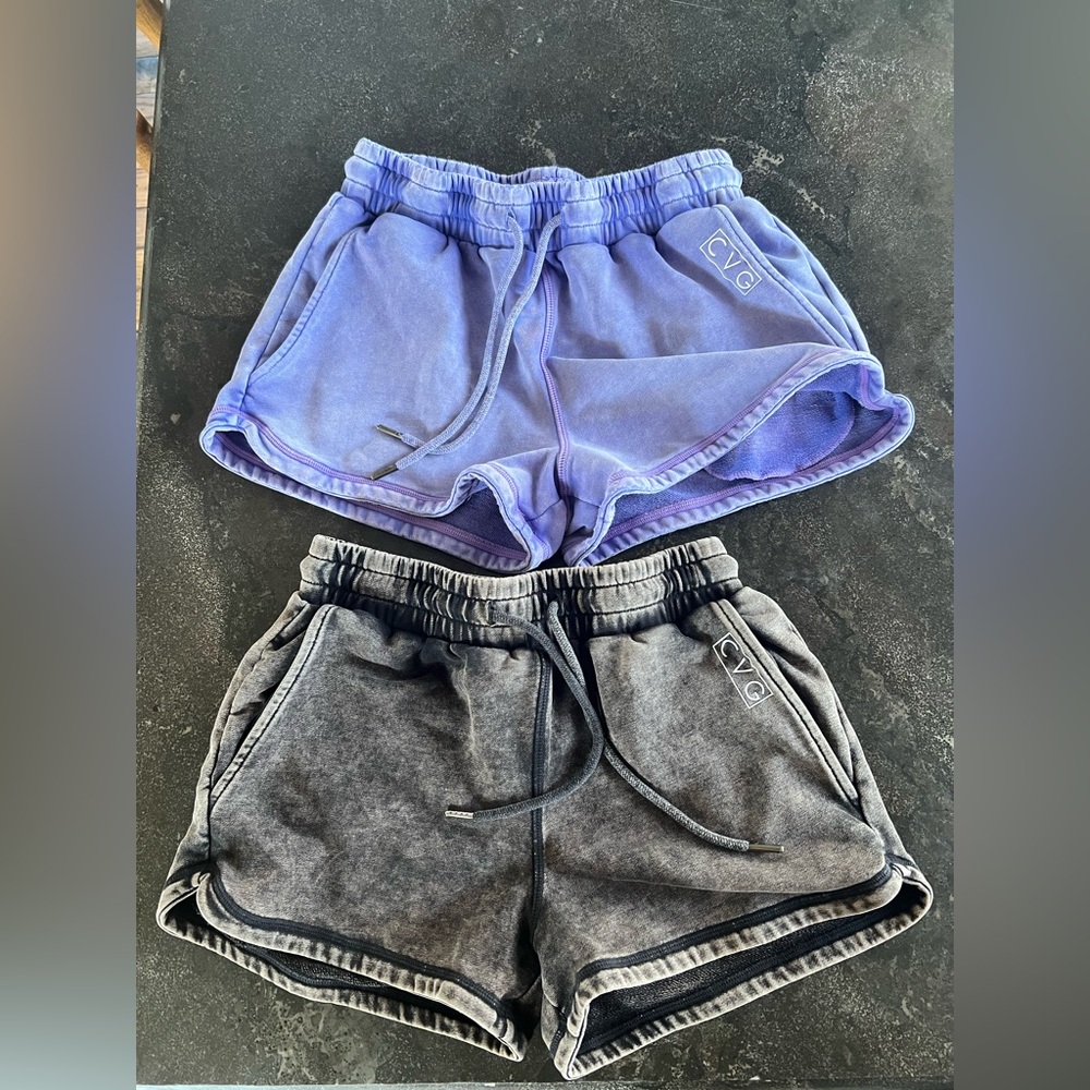 CVG constantly varied gear rest day shorts in distressed dark gray and purple